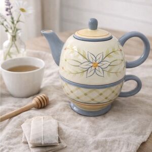 Floral Ceramic Teapot with Blue Accents